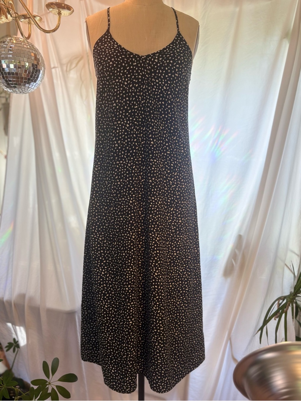 Old Navy Black White Animal Print Midi Slip Dress Adjustable Straps Size XS
